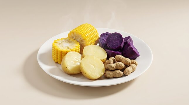 Sajian piring putih memamerkan potongan jagung ubi ungu kentang rebus dan kacang melambangkan kesederhanaan alam serta kekayaan serat pangan harian