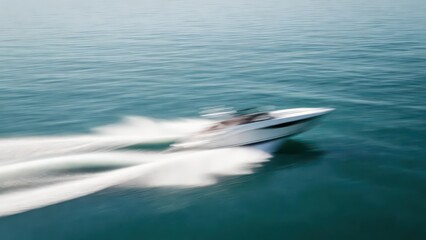 Naklejka premium White motorboat speeding across calm blue water, leaving a white wake, motion blur