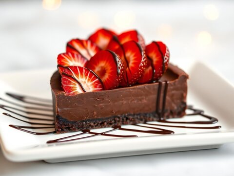 Elegant chocolate cake with red roses and a decorative box on a silver tray