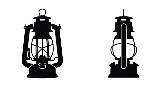 two vintage kerosene lanterns in black silhouette against a white background silhouette