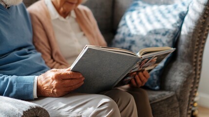Obraz premium Elderly couple sitting together in a cozy living room, reading a photo album and reminiscing.