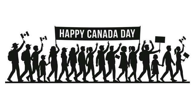 Canada day parade silhouette with waving flags and banner