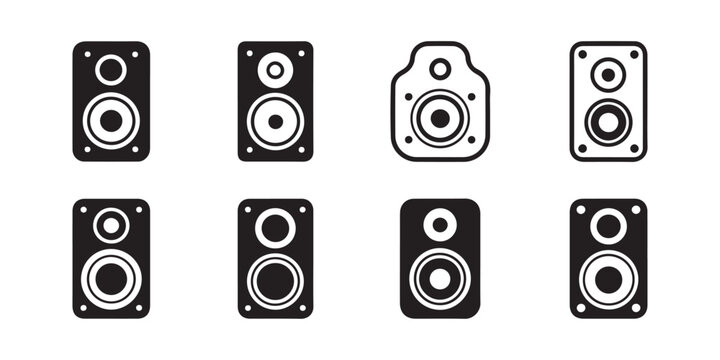 Collection of Eight Audio Speaker and Woofer Icons in Black and White Vector Style
