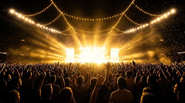 Large crowd facing bright stage lights at concert or event with vibrant illumination and energetic atmosphere