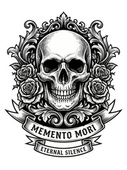 Fototapeta premium Black and white detailed line art illustration of a skull adorned with roses and a ribbon banner reading memento mori and eternal silence.
