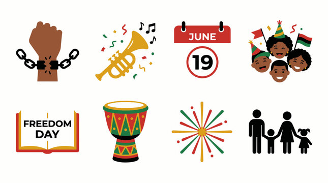 Juneteenth Celebration Icons: Music, Calendar, and Festive Symbols
