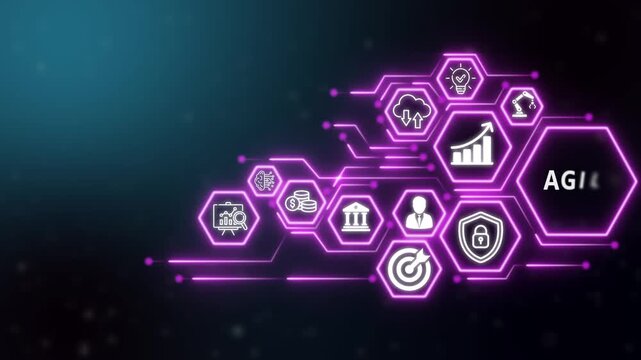 Agile business and technology icons concept. Modern Technology, Internet and social media icons on drank background. 4K video animation
