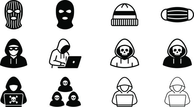 Collection of black and white hacker and anonymity icons showing hooded figures, masks, laptops, and cybersecurity concealment concepts