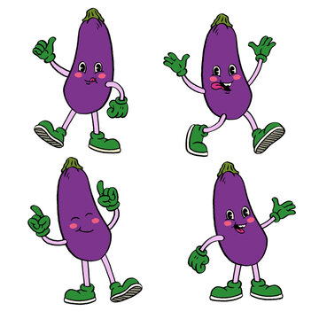 Mascot Character Set of Eggplant in Hand Drawing Style