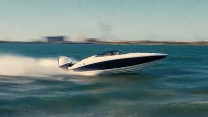 Fototapeta premium Sleek white and navy speedboat cutting through blue ocean waves with city skyline in background