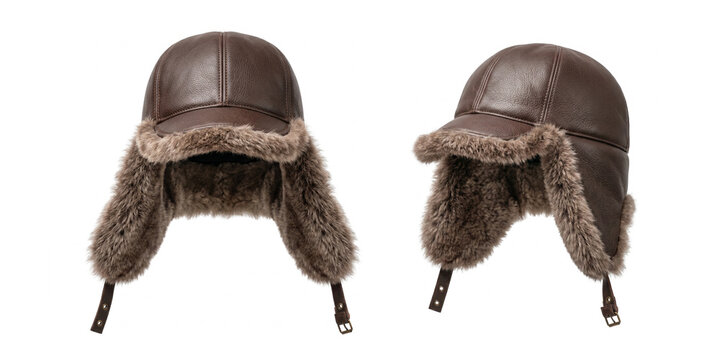 Brown leather winter hat with earflaps with fur trim. Two angles: front view and 3/4. Warm aviator-style headdress with visor and straps. Isolated on a white background. 