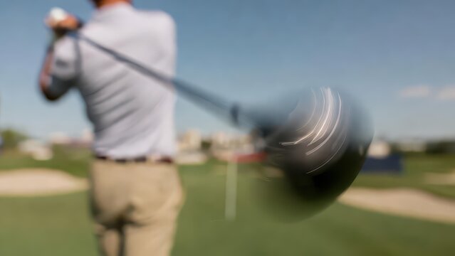 Golfer swinging driver club head in motion blur on sunny golf course with sand trap