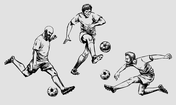 Set Collection Hand Drawing of Soccer Player in Vintage Sketch Style