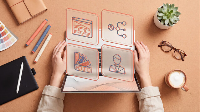 Creative UX designer workspace with tablet and coral holographic wireframe icons, modern web design background for branding, prototype layout, app interface and digital strategy