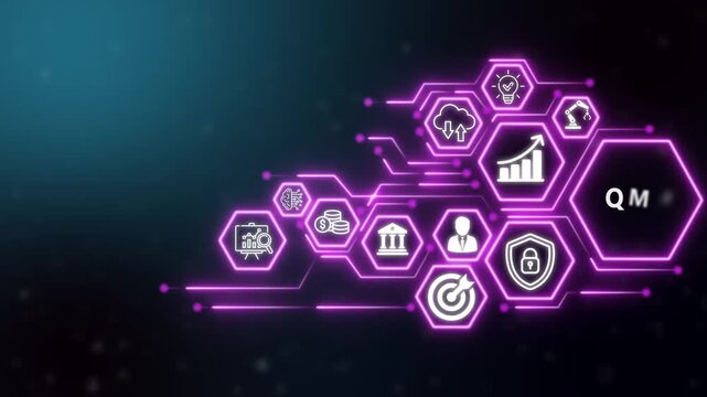 QMS business and technology icons concept. Modern Technology, Internet and social media icons on drank background. 4K video animation