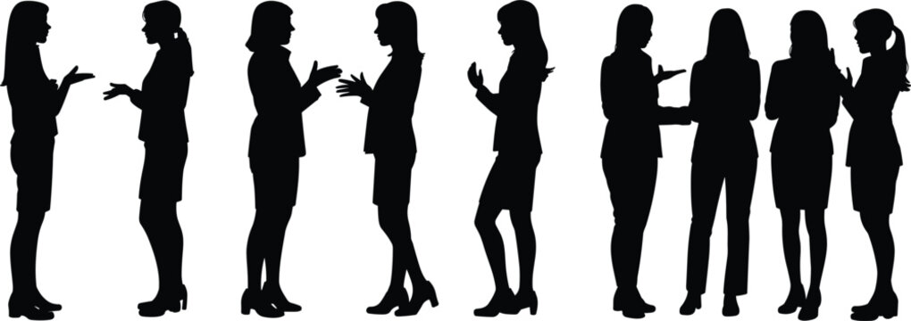 Women silhouette collection with female figures standing talking texting and social interaction vector illustration set