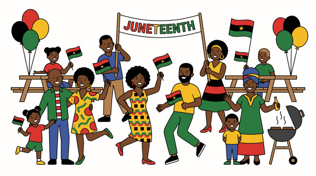 Joyful Juneteenth Celebration with Diverse People and Flags