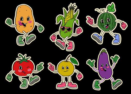 Vintage Set of Vegetable Cartoon Character