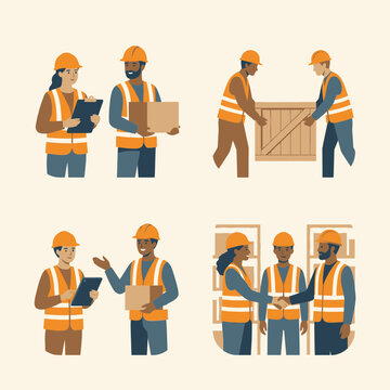 Industrial warehouse workers collaborate and manage inventory