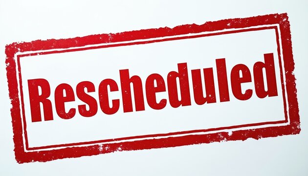 Red rubber stamp graphic clearly states RESCHEDULED in bold sans serif font. Used for event, meeting, or appointment changes. Official notice symbol for delays and postponements.