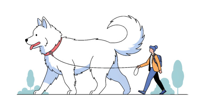 A person walks a giant white dog on a leash, an exaggerated illustration highlighting pet ownership, companionship, and the unique bond with a large animal.