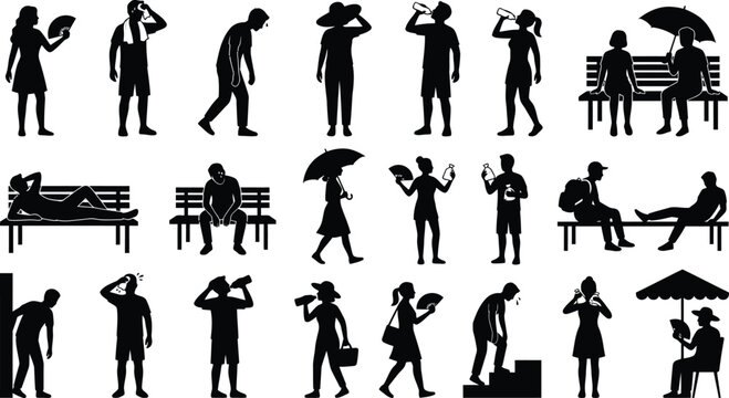 Silhouette people icons doing various activities isolated on white background, Vector