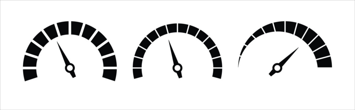 Three black gauge meter icons with white lines on white background for business or technology concepts  indicating measurement or progress