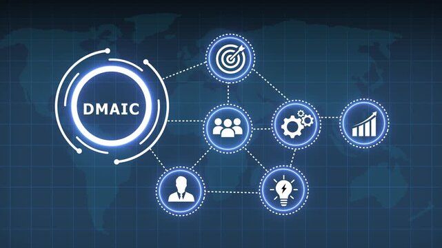 DMAIC methodology concept diagram with interconnected icons for goals people gears lightbulb and growth chart on a world map background with grid lines