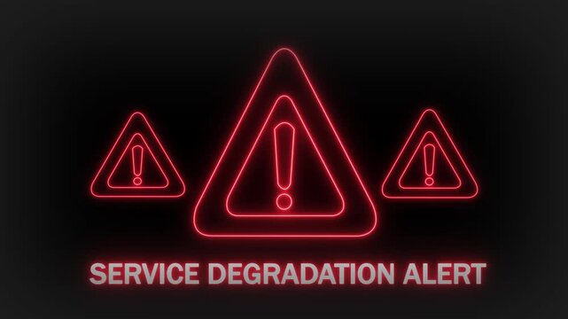 Illuminated red neon warning triangles with exclamation marks and the text SERVICEDEGRADATIONALERT displayed prominently below on a dark gradient background indicating a