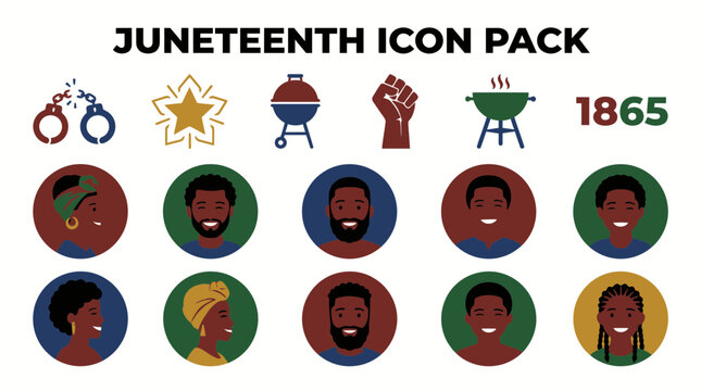 Juneteenth Icon Pack Featuring Diverse Faces and Celebration Symbols