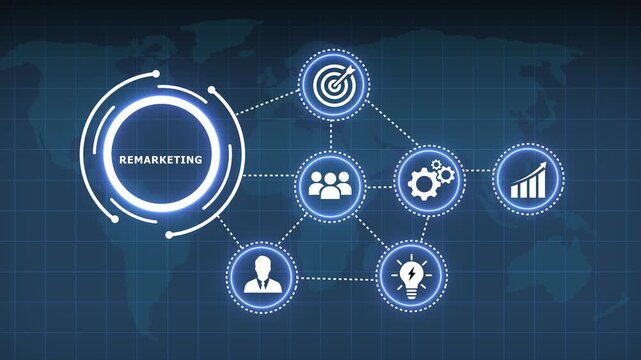 A luminous white circular infographic diagram featuring the word REMARKETING in its core, linked via dotted lines to icons for people, a lightbulb, gears, a bar chart illustrating upward