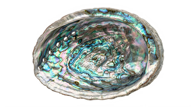 Iridescent abalone shell with natural patterns for marine nature and jewelry branding frontal isolated png on a transparent background perfectly cutout high resolution
