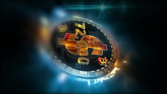A glowing virtual Bitcoin coin displaying market value floats within fiery energy waves, symbolizing cryptocurrency growth, digital finance, blockchain technology, and the volatile dynamics of modern 