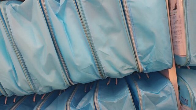 Blue fabric bags for packing silk blankets and pillows are lined up in rows in the warehouse, ready for sale