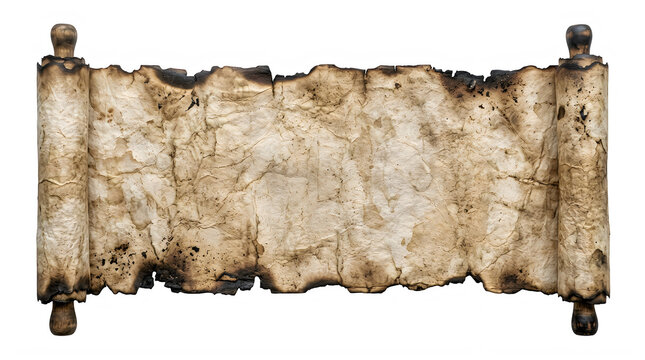 Antique weathered parchment scroll for historical document and treasure map design frontal isolated png on a transparent background perfectly cutout high resolution