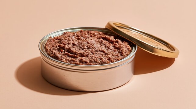 Open tin can of wet pet food revealing textured meat paste on a neutral background