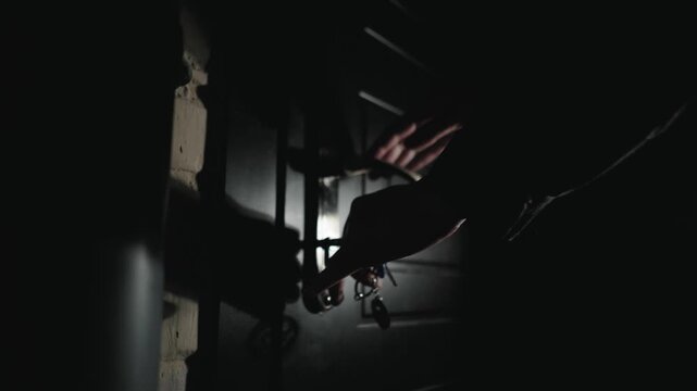 close-up of a man's hand opening the front door to a house with a key, dark entrance, side view