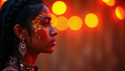 Fototapeta premium Native american woman with body paint, traditional jewelry. Festive atmosphere with warm bokeh lights suggests celebration cultural event. Side profile shows intricate face art, braided hair. Wears