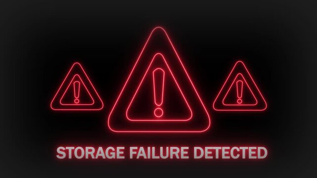 Illuminated red neon warning triangles with exclamation marks and the text STORAGEFAILUREDETECTED displayed prominently below on a dark gradient background indicating a
