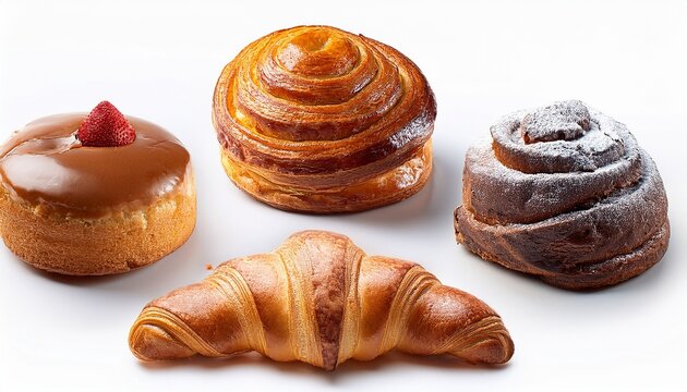 an ultra realistic photo of five different types of pastries on a white background