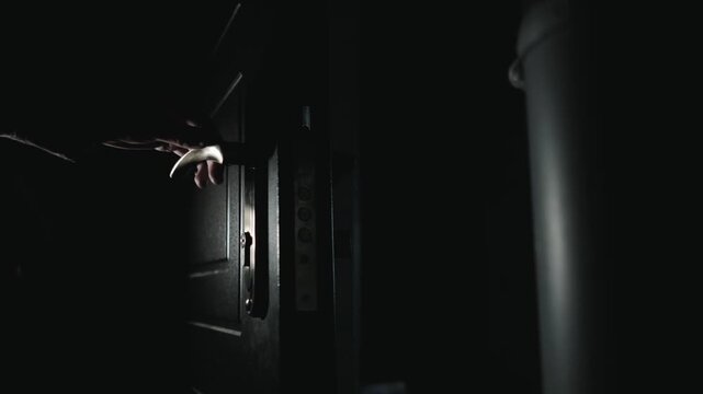 close-up of a man's hand opening the front door to a house with a key, dark entrance, side view