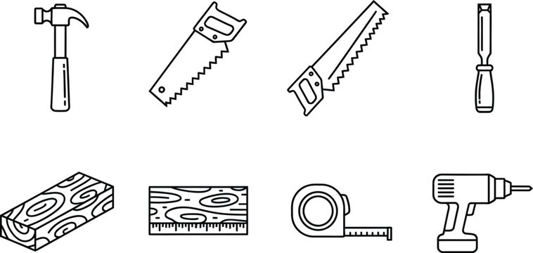 Line of carpentry tools and including hammer, saws, screwdriver, drill, tape measure, wood plank, and block
