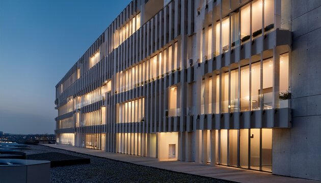 minimalist exterior lighting on a concrete office balcony architectural design and luxury real estate row of glowing white cube lamps on a modern building wall at twilight