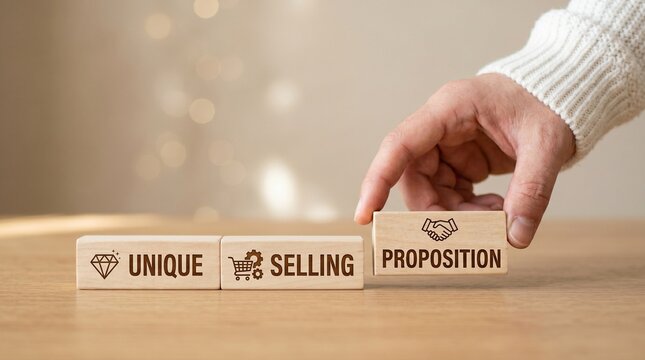 Unique Selling Proposition concept on wooden blocks, business marketing strategy USP, hand arranging wooden cubes with text and icons