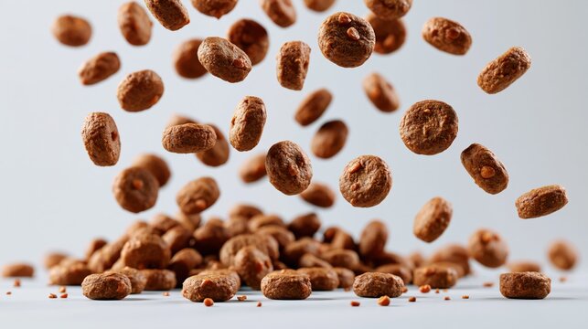 Dry dog kibble pieces falling and piling up against a light background