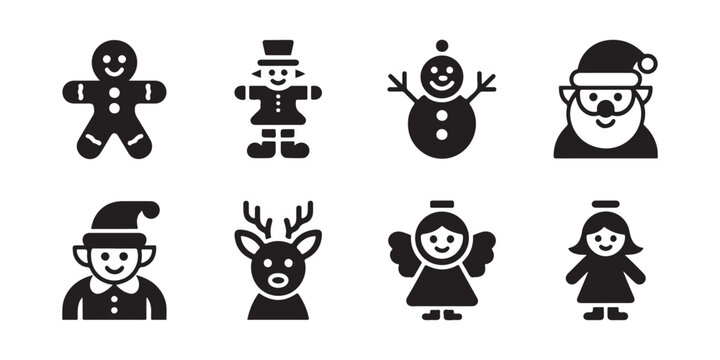 Set of Christmas Character Icons in Black and White Silhouette Style