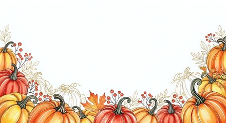 Fototapeta premium Autumn pumpkin border frame with orange gourds, fall leaves and berries on white background for seasonal harvest thanksgiving decorative design projects.