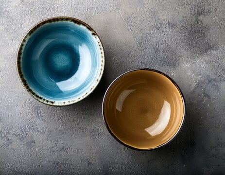 two decorative bowls on concrete background top view