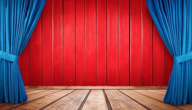 an empty photo booth with blue curtains against a vibrant red wooden plank wall on a wooden floor