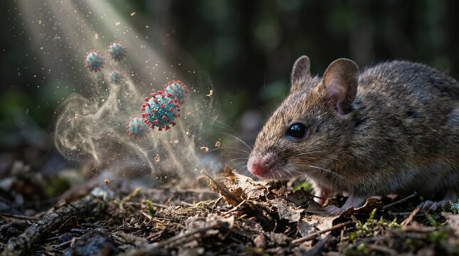 An artistic depiction of an alarmed mouse confronted by a coronavirus model, conveying the concept of disease and danger. 
